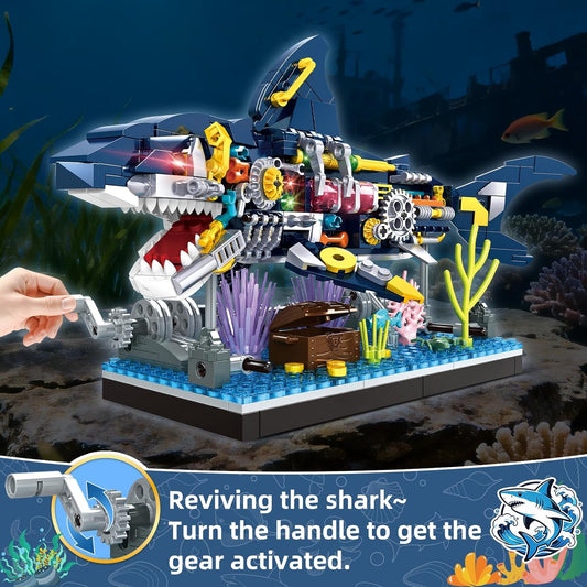 Shark Building Block Set, Mechanical Rotatable Animal Shark Toys, Birthday Gifts for Kids Boys Girls Ages 6+, Shark Fish Building Home Office Decor