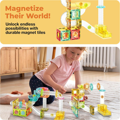 PicassoTiles Marble Run 60 Piece Race Track Magnetic Tiles Magnet Building Block Educational Construction Toy Set Playset STEM Learning Kit Child Brain Development HandEye Coordination Training PTG60