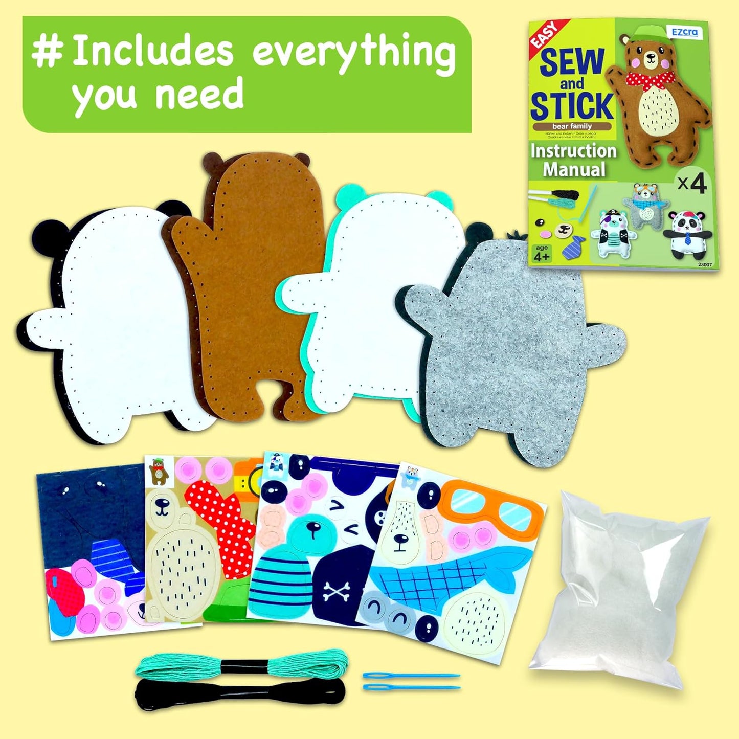EZCRA Fairy Sewing Kit for Kids Ages 4-8, 4 Easy Projects, No-Mess Learn-to-Sew Arts & Crafts with Felt Stickers for Beginners