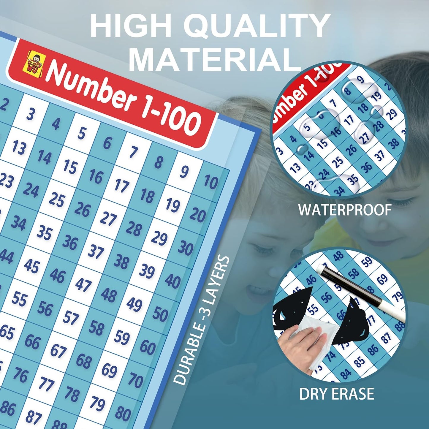 UNCLE WU Kids Educational Number 1-100 Poster Chart - Toddler Learning Number Lines - 100 Chart Double Side Laminated (18 x 24 inch)