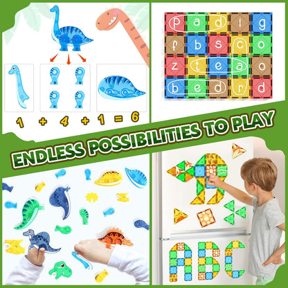 Coodoo Dinosaur Toys Magnetic Tiles 3D Movable Dinos for Kids 3-5 5-7 Toddler Outdoor Sensory Toys, STEM Educational Magnetic Blocks for 3+ Years Old Boys Girls Kids Toy