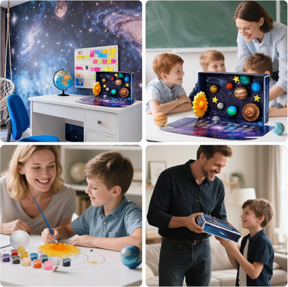 Pllieay 3D Solar System Model Kit, Solar System Kit with Display Box, 17 Mixed Sized Foam Balls, 12 Color Pigments, Brushes, Palette, Educational DIY Planet Toys for School Science Projects