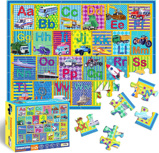 Floor Puzzle for Kids,48 Piece Transportation Letter A-Z Alphabet Puzzle,Vivid of Cartoon Design Letter Games for Preschoolers,Learn ABCs with Fun- Interactive Educational Toy for Ages 3+