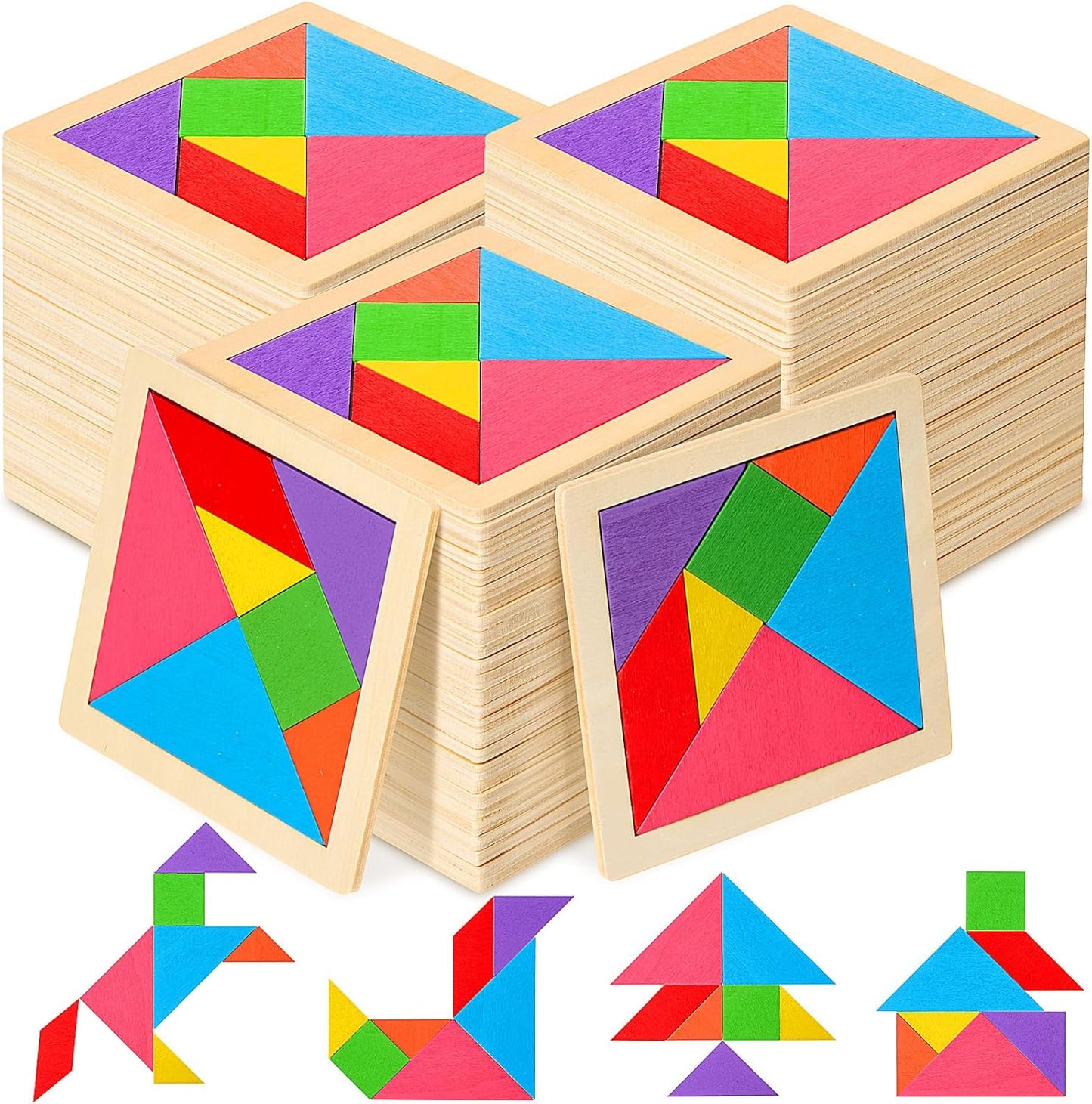 Soulchen 100 Pack Wooden Tangrams Puzzles Bulk for Student Shapes Puzzle Brain Logic Block for Tangram Game Geometric Pattern Block Toy Birthday Party Goody Bag Stuffers Educational Gifts for Adults