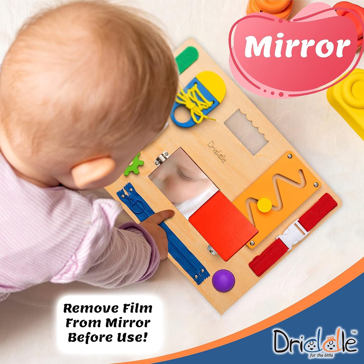 Driddle Busy Board - Wooden Montessori Activity Board for Toddlers & Kids - 12 Educational Sensory Toys to Learn Basic Life Skills & Develop Fine Motor Skills + Baby Mirror