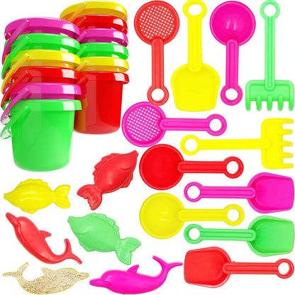 The Dreidel Company Mini Beach Day Playsets (Pack of 6) 3.25" Sand Bucket Play Set Box Includes, Pail, Shovel, Rake, Sifter Scoop, Dolphin Fish Sand Trays Toy for Boys and Girls Birthday Party Favor