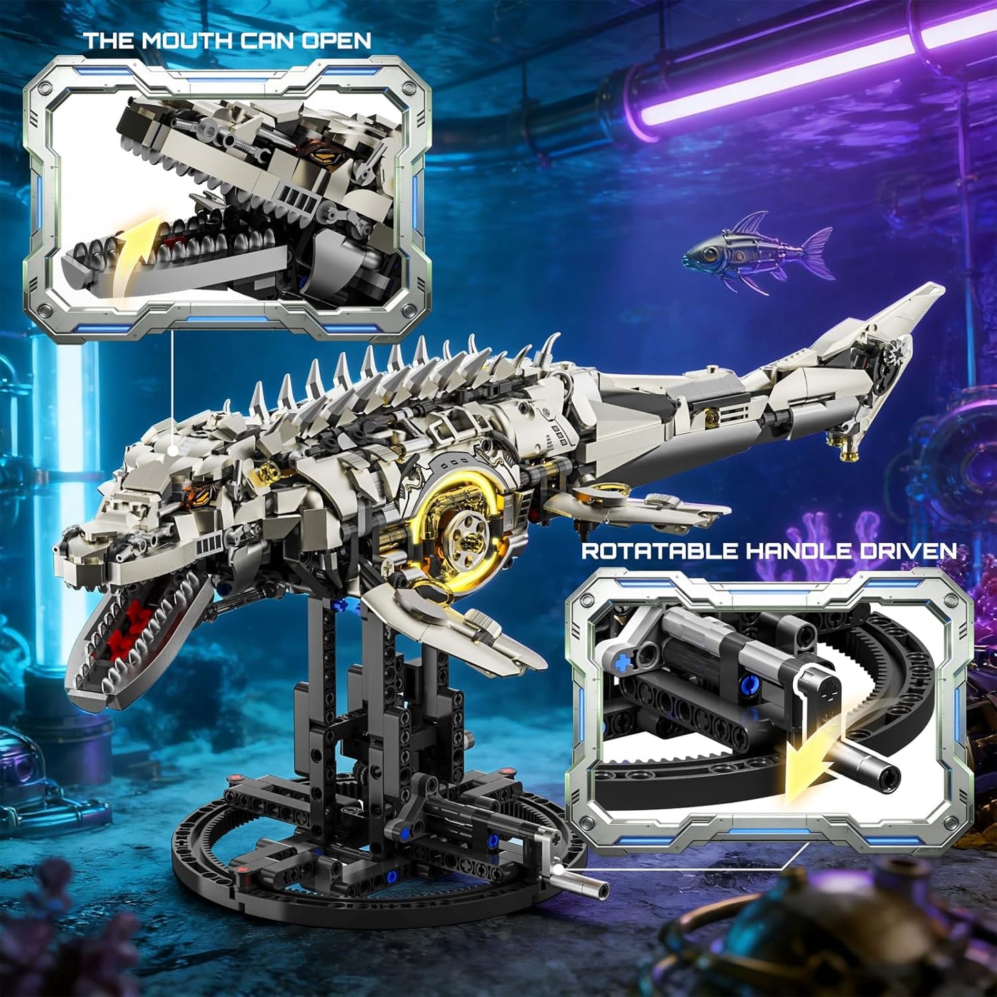 Mechanical Mosasaurus Building Block Set Precision Gear System Display Stand Included STEM Building Block