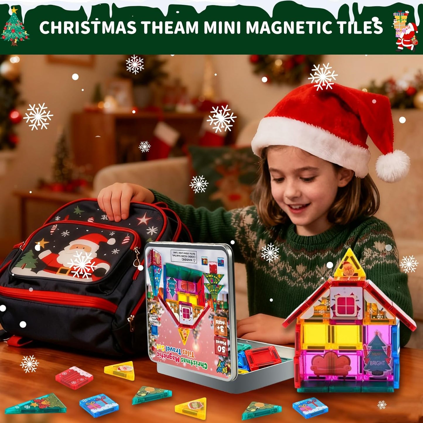Enjoyjoy Mini Magnetic Tiles - 50PCS Travel Magnetic Tiles Set with Metal Case Portable On-The-Go Magnet Tiles for Kids Magnet Building Blocks Ages 3+ Boys and Girls Christmas Birthday Gift