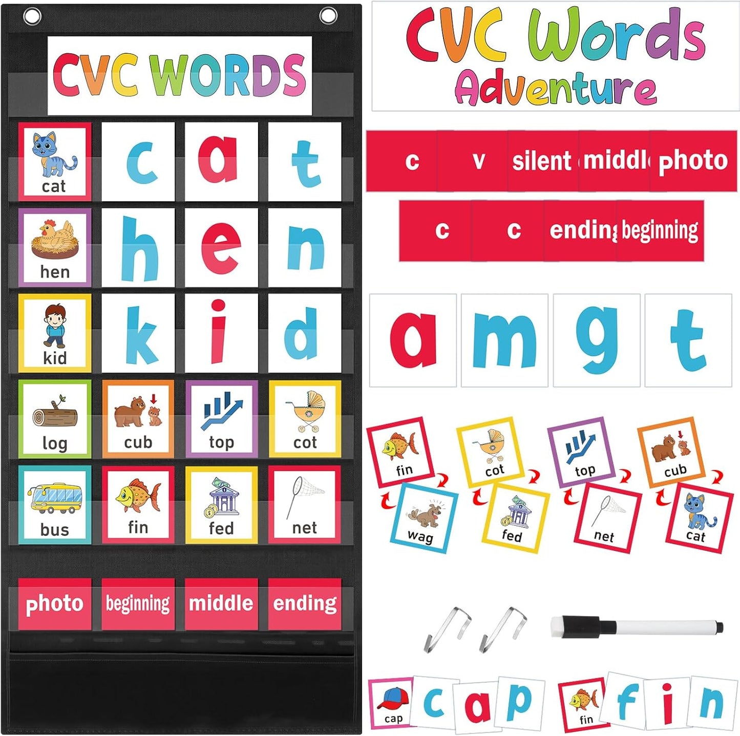 Pasimy CVC Word Pocket Chart with 65 Double-Sided Phonics Flash Cards Classroom CVC Word Literacy Games Preschool Kindergarten Classroom Must Haves for Learning Reading and Spelling(Blue)