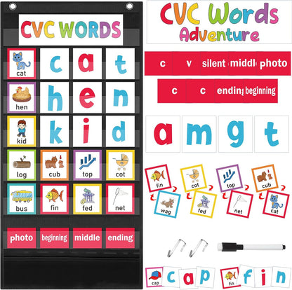 Pasimy CVC Word Pocket Chart with 65 Double-Sided Phonics Flash Cards Classroom CVC Word Literacy Games Preschool Kindergarten Classroom Must Haves for Learning Reading and Spelling(Blue)