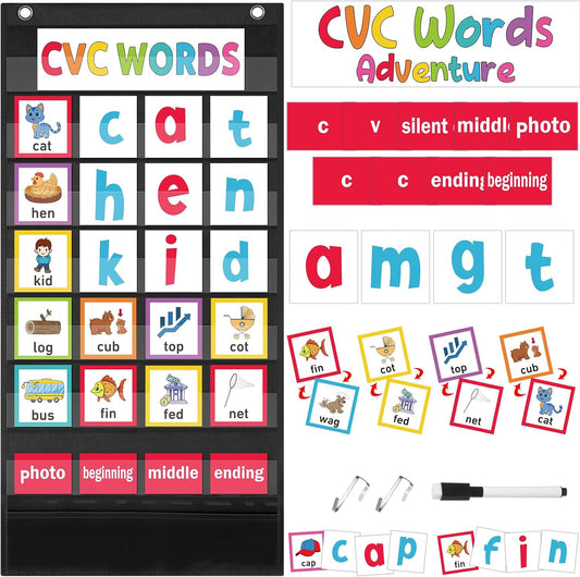 Pasimy CVC Word Pocket Chart with 65 Double-Sided Phonics Flash Cards Classroom CVC Word Literacy Games Preschool Kindergarten Classroom Must Haves for Learning Reading and Spelling(Blue)