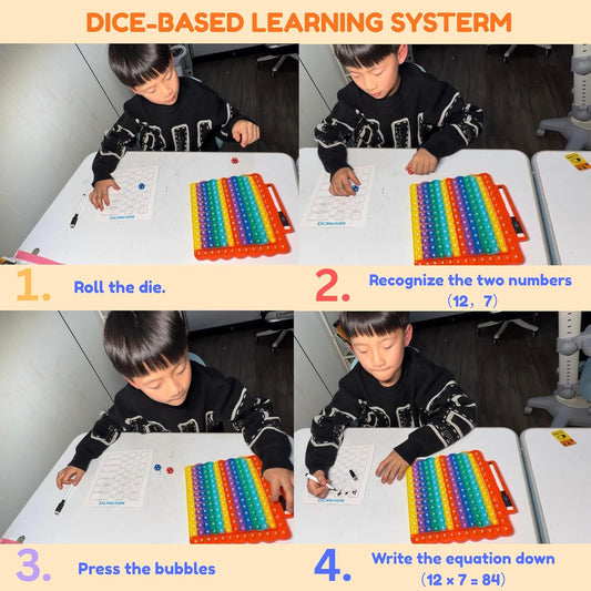 Multiplication & Addition Math Board with Dice, Reusable Writing Practice Board for Kids, Double-Sided 12x12 Times Table & Addition Learning Toy, Sensory Math Game for Classroom & Homeschool
