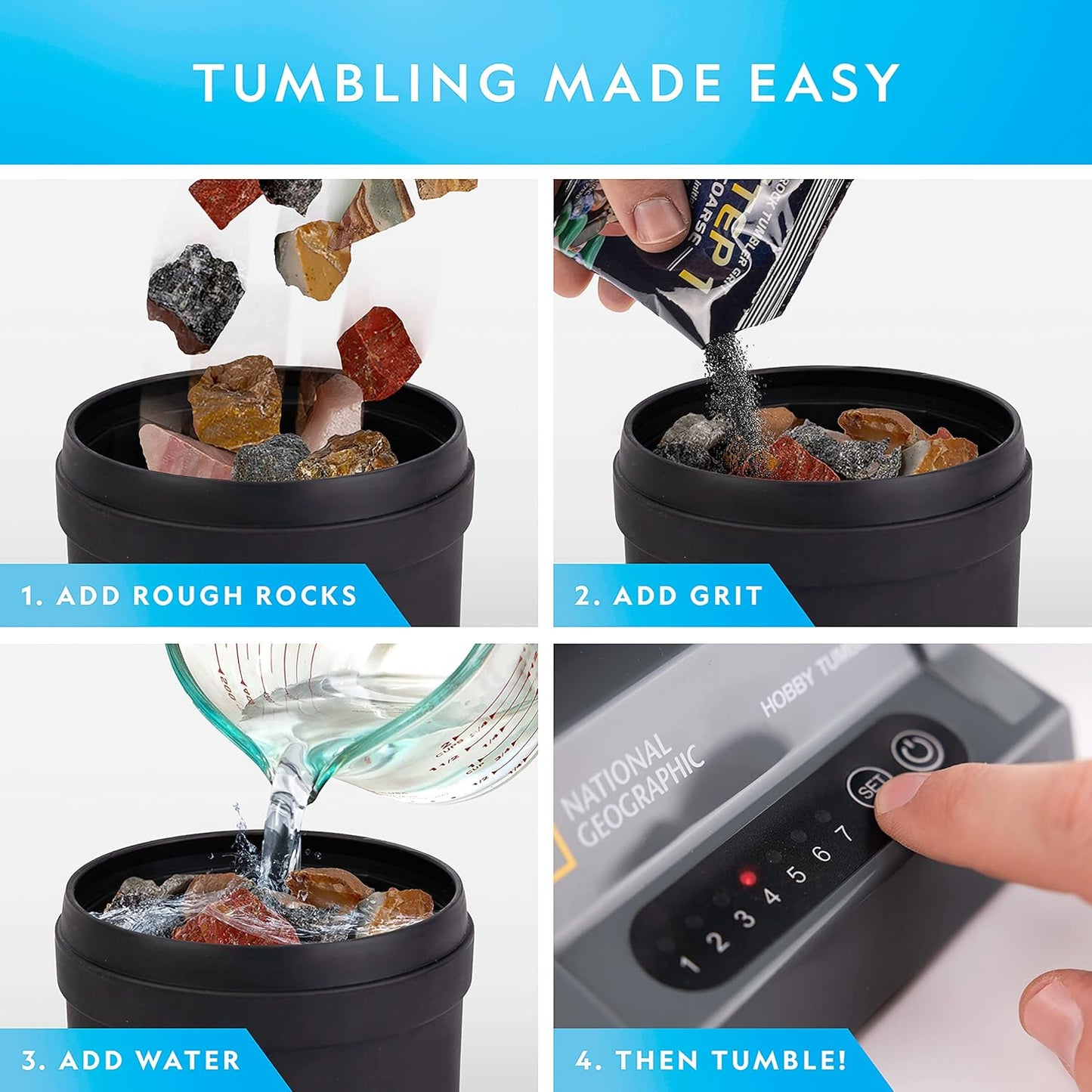 NATIONAL GEOGRAPHIC Rock Tumbler Refill Kit – 1 Lb. Madagascar Rocks for Tumbling with Rose Quartz, Red Jasper, Indigo Gabbro & More - Tumbler Supplies, Rock Polishing Grit and Jewelry Accessories