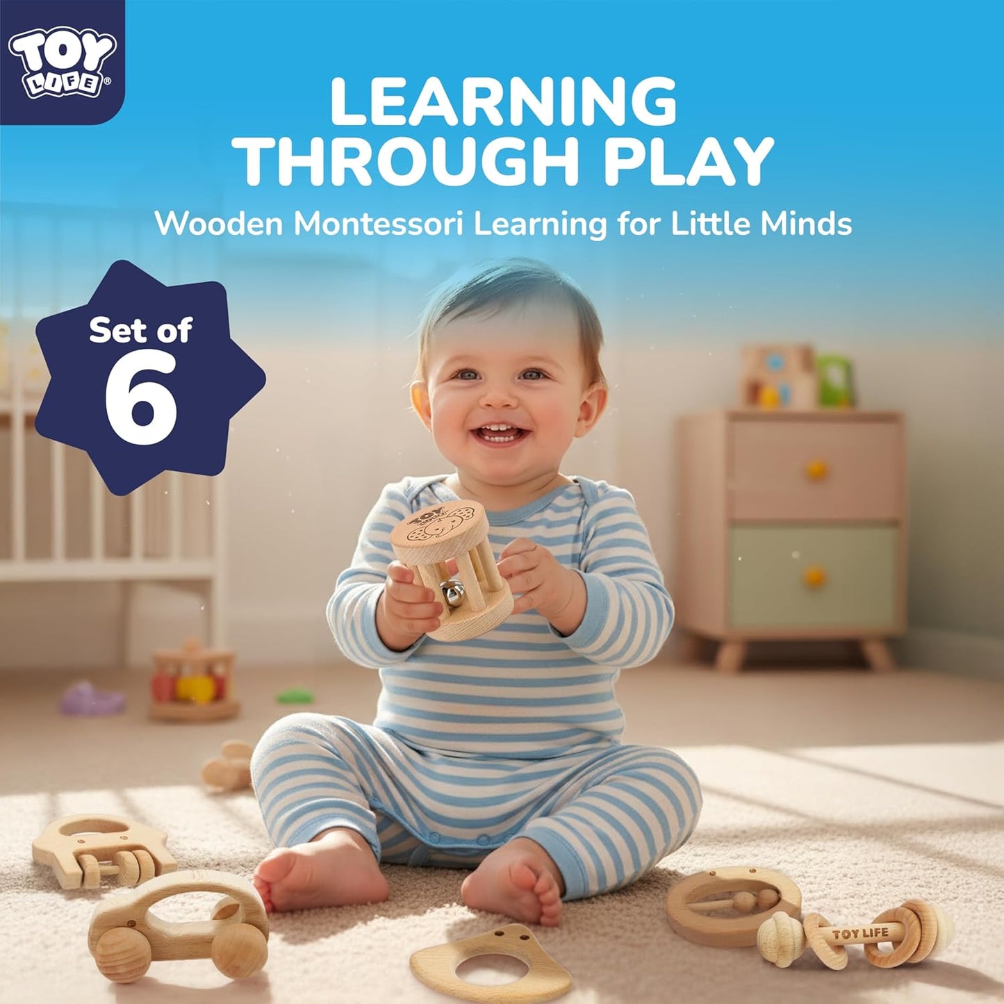 TOY Life Wooden Toys Cars, Montessori Baby Toys 6-12 Months, Wooden Baby Toys Rattle Cars for Toddlers 1-3, Baby Boy Girl Nursery Decor, Montessori Toys for 1 Year Old Boy First Birthday Gift