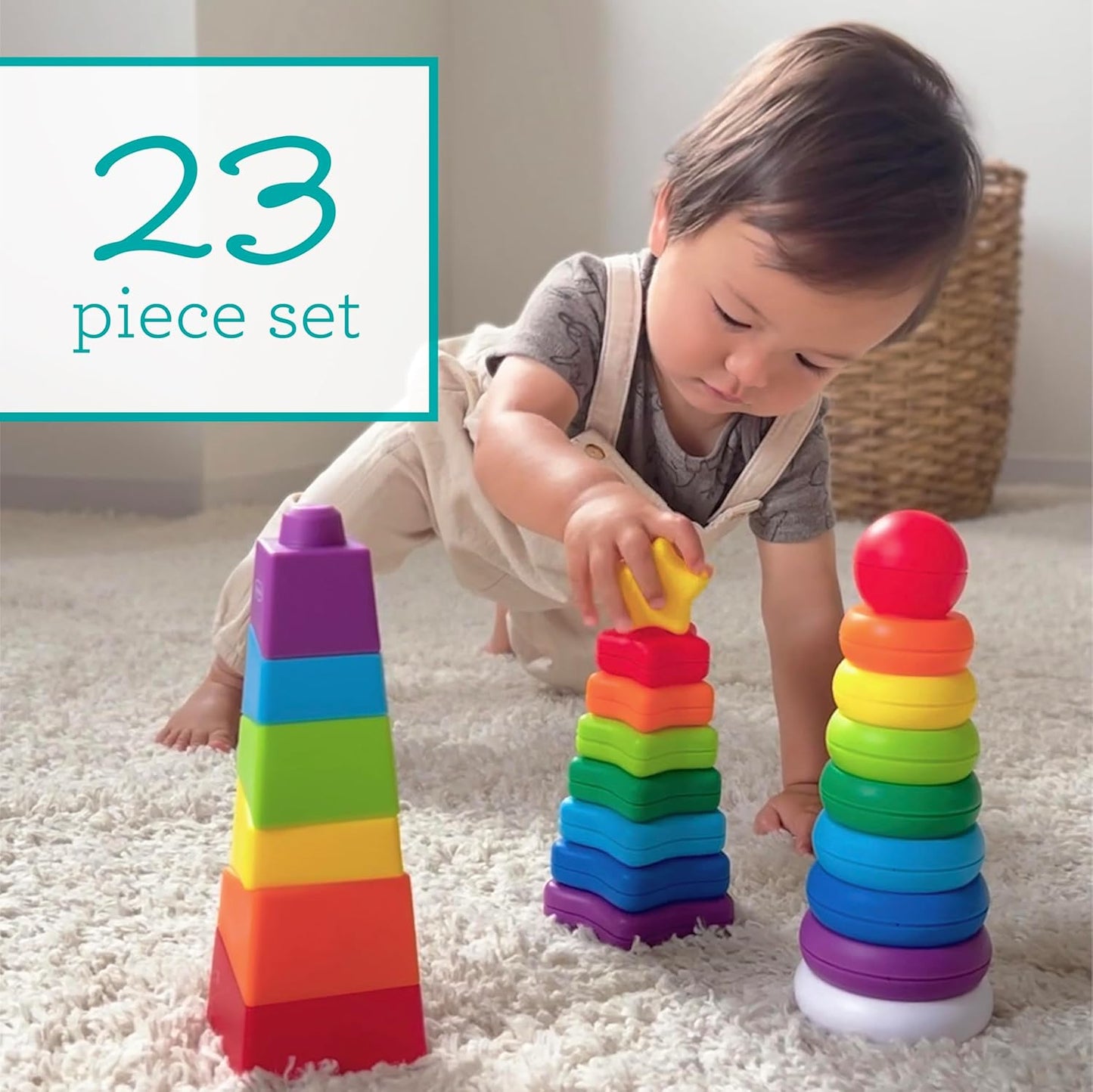 Infantino Imagination Stackers Playset, Rainbow Stacker, Rocket Stacker, Ball Stacker for Babies 12M+, 3-Style Set, 19 Pieces
