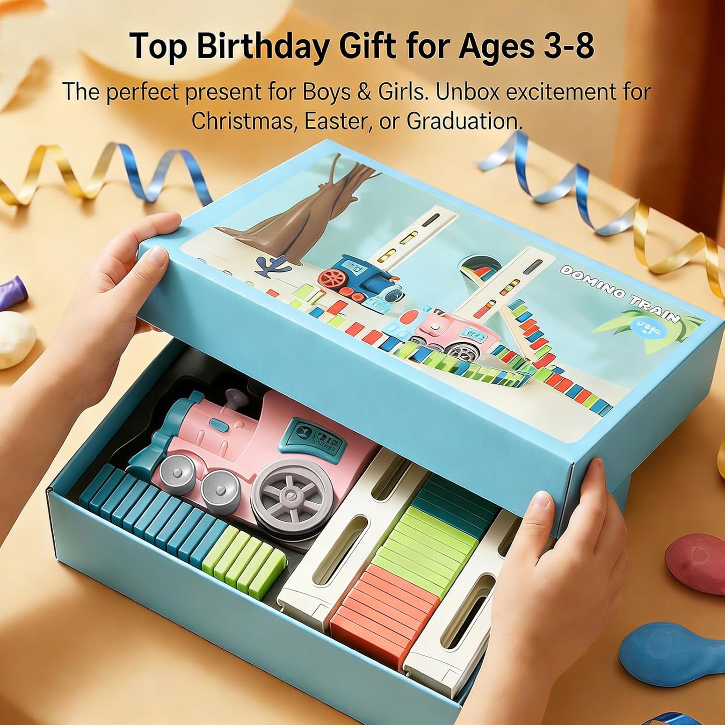 PREPHY Domino Train Toys Kids Games - Automatic Stacking Creative Game 3+ Year Old - Stem Montessori Toy for Boys 4-6 - Summer Autistic Christmas Birthday Gifts 5 6 Toddler Ages 4-8