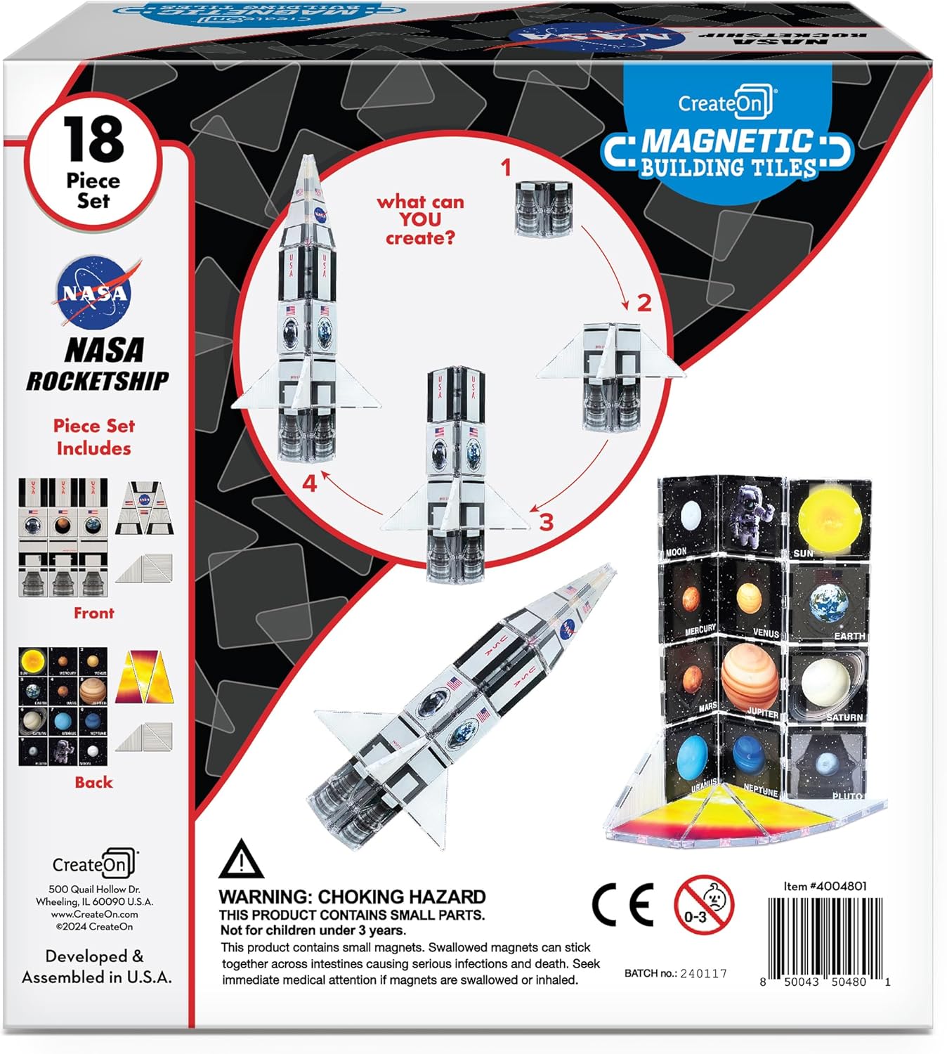 CreateOn NASA Rocketship Magnetic Tile Set, Building Set for Kids, Magnetic Building Toys for Kids, STEM Toys for Boys and Girls Ages 3 and Up, 18-Piece Set