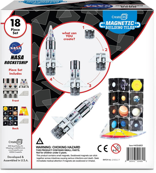 CreateOn NASA Rocketship Magnetic Tile Set, Building Set for Kids, Magnetic Building Toys for Kids, STEM Toys for Boys and Girls Ages 3 and Up, 18-Piece Set