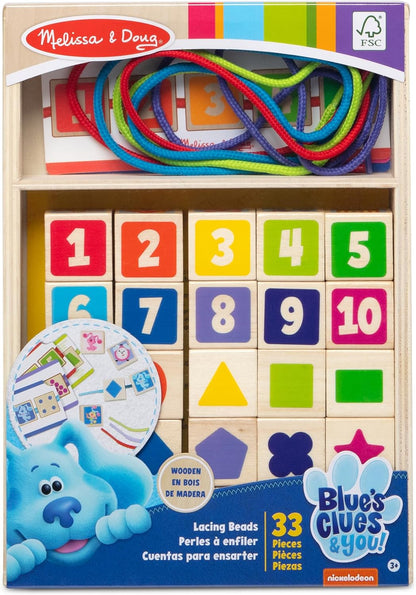 Melissa & Doug Blue’s Clues & You! Wooden Lacing Beads - 25 Beads, 4 Cords - FSC Certified