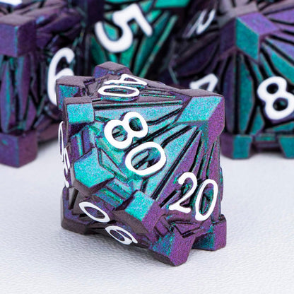 7PCS Metal DND Dice Set with Box, Debris RPG Blue White D and D Dice for D&D Tabletop Games Role Playing Game Polyhedral Dice Set D20 D12 D10 D8 D6 D4