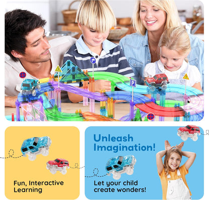 PicassoTiles 50pc Racecar Track Magnetic Tiles Educational Kids Toy with 2 Light Up Trucks STEM Preschool Learning Magnet Tile Toddler Toys Boys Girls Ages 3+ Blocks Game Puzzles Build Playset PTR50