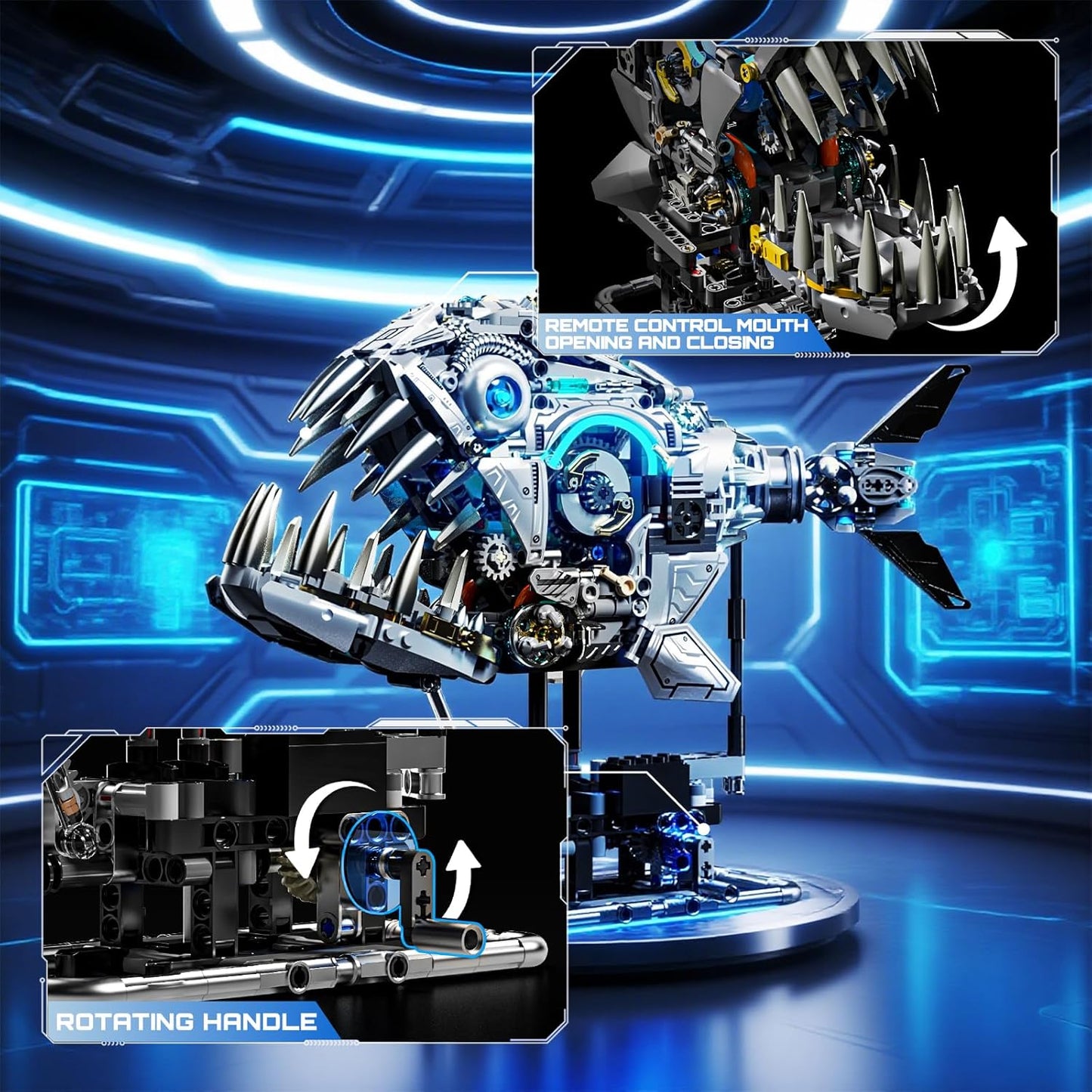 Mechanical Piranha Building Block Kit Hand Cranked Motor Dual Mode Drive Gear Multi Joint Motion Toy for Boys, Girls, and Hobbyists, Ideal for STEM Classrooms or Gift Giving