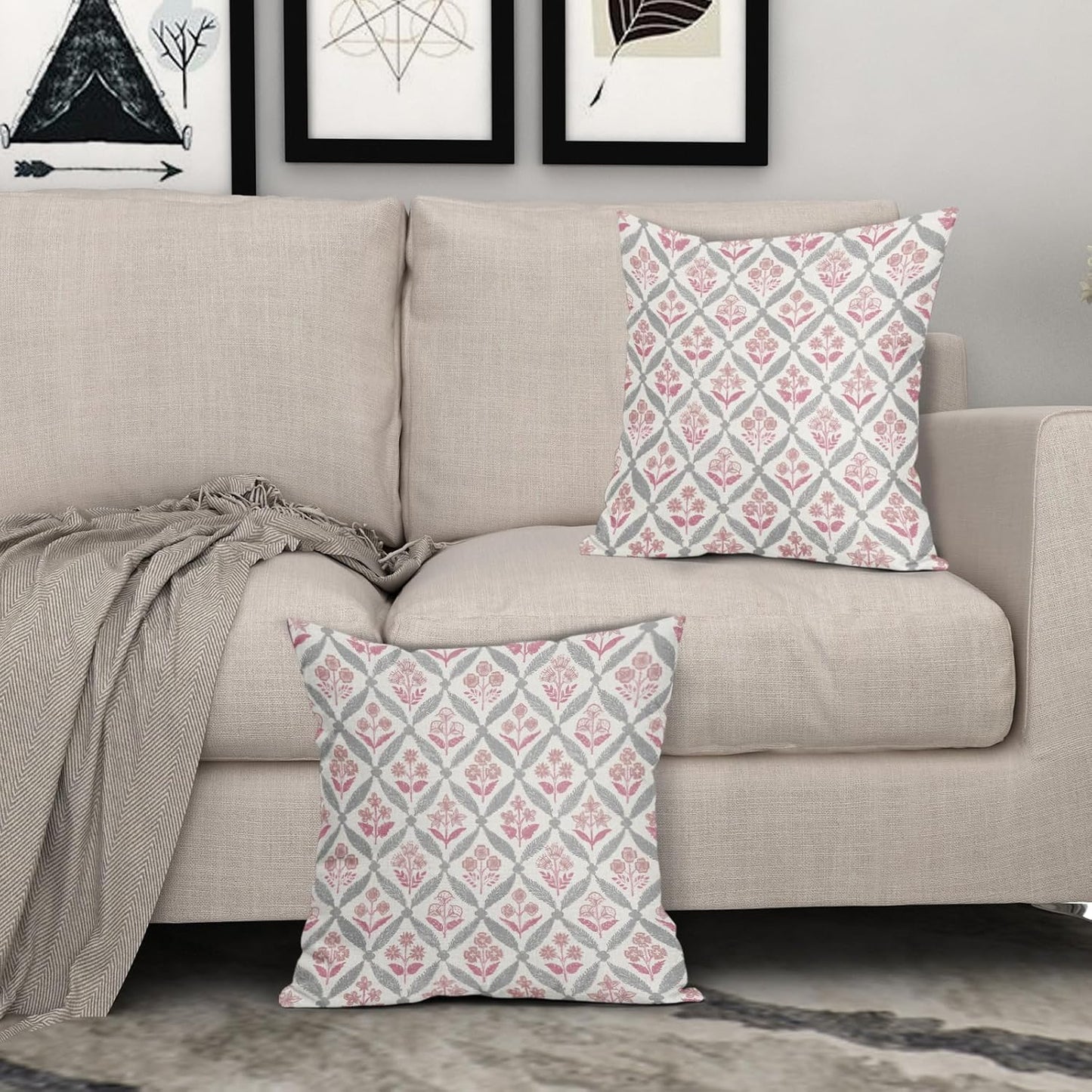 Blue Green Floral Block Print Pillow Covers 12X20 Set of 2, Flower Pattern Spring Summer Print Decorative Throw Pillow Covers Outdoor Farmhouse Seasonal Cushion Case Couch Sofa Bed Decor