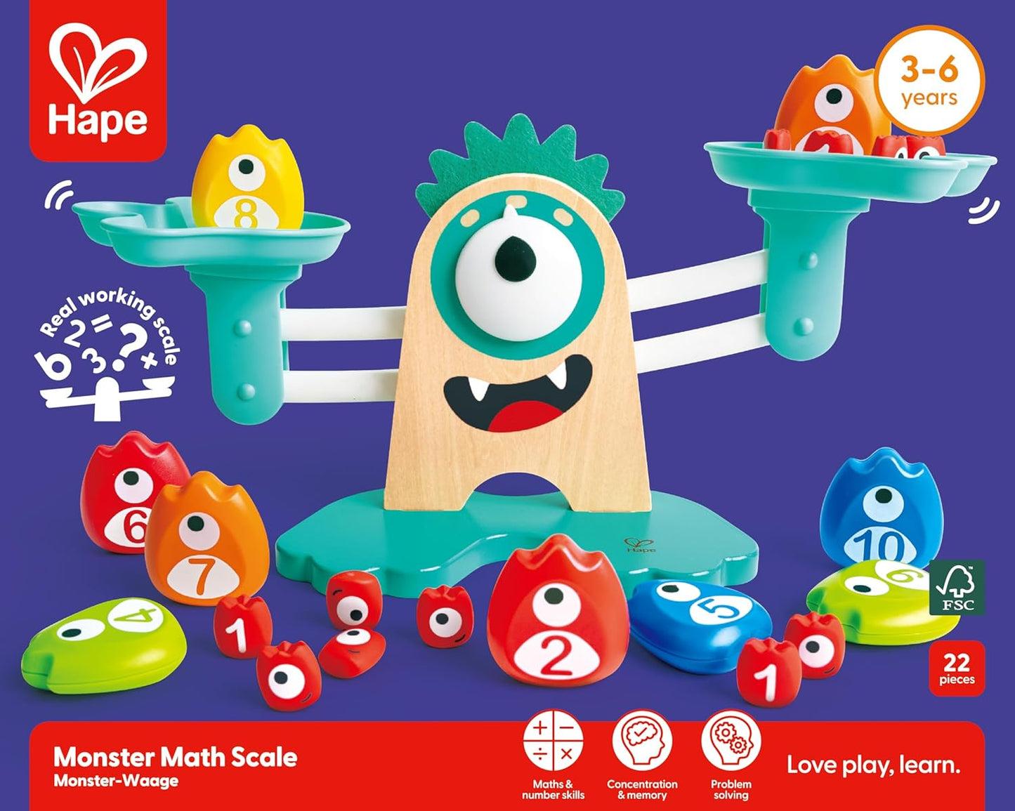 Hape Math Monster Scale Toy| 22 PCs Cute Counting Math Toy| STEM Educational Learning Counting Math Games for Preschool