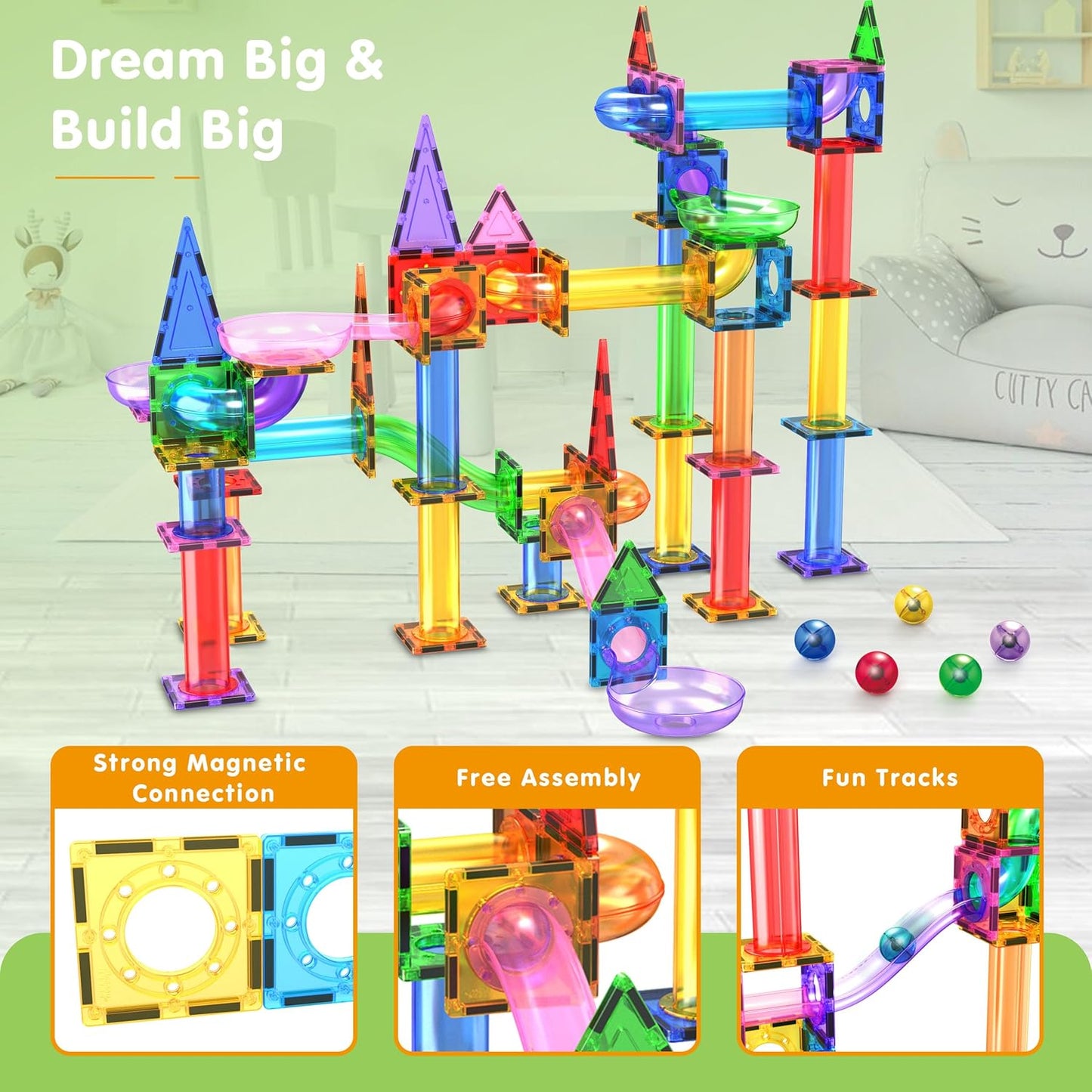 PicassoTiles 108pc Magnetic Marble Run Set with Building Tiles Race Track Car Slides Set STEM Learning Toy 3-in-1 Preschool Construction Kit for Indoor Activity and Development for Kids age 3+ PTG108