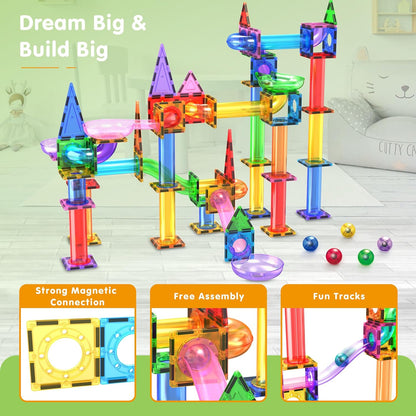 PicassoTiles 108pc Magnetic Marble Run Set with Building Tiles Race Track Car Slides Set STEM Learning Toy 3-in-1 Preschool Construction Kit for Indoor Activity and Development for Kids age 3+ PTG108