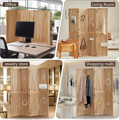 4 Panel Wooden Room Dividers, 5.6FT High Plug-in Folding Screen Made of Natural Wood, Pegboard Display for Bedroom and Shopping Malls and Jewelry Stores, Dark Brown