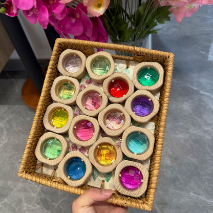 20PCS Wooden Gem Blocks Stacking Toys,Colorful Acrylic Windows Blocks, Rainbow Crystal Acrylic Building Cubes Educational Sensory Training Crystal Toys (20PCS Round Gem Blocks)