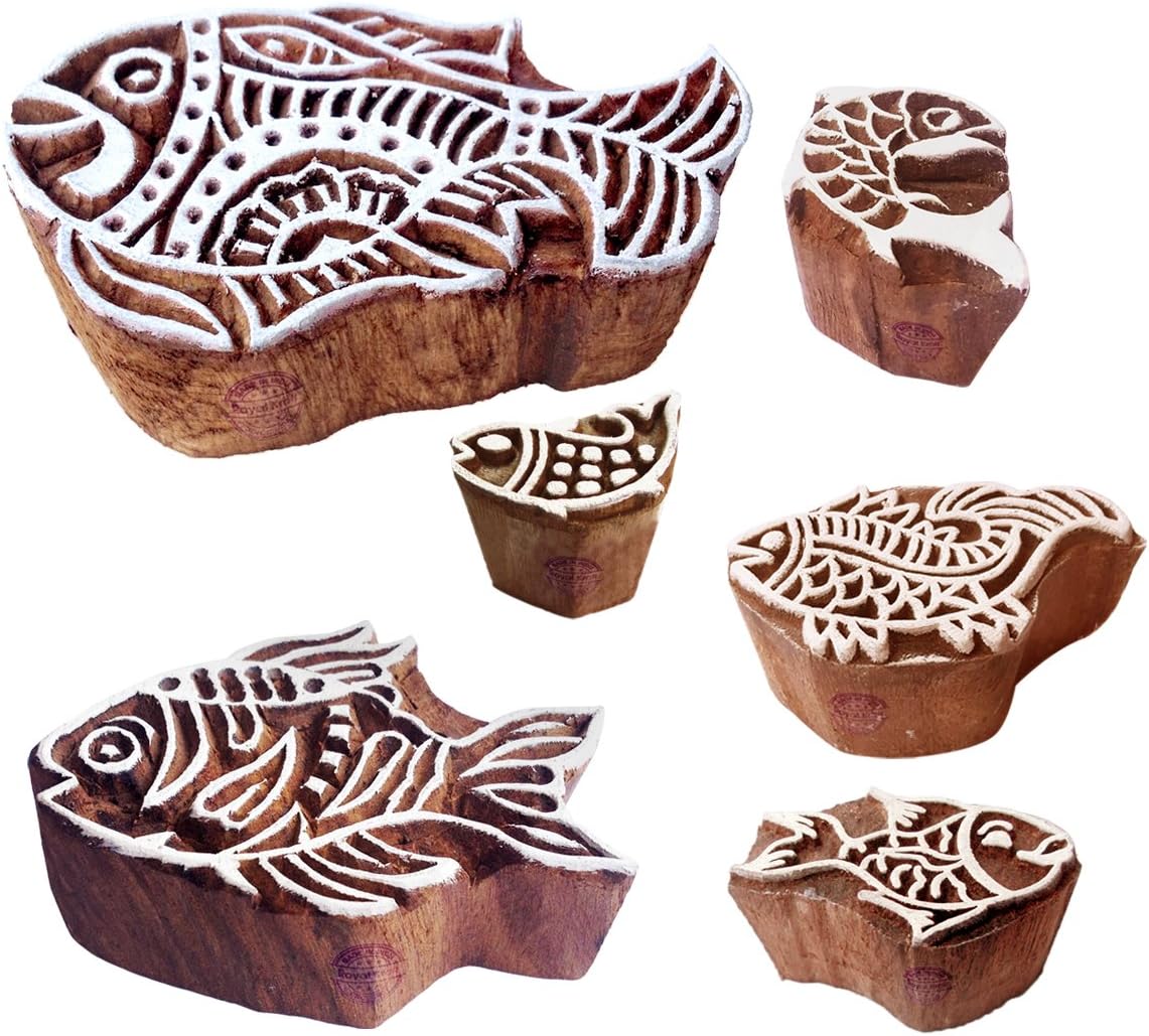 Pottery Printing Blocks Retro Fish Pattern Wooden Stamps (Set of 6) Htag1958