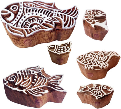 Pottery Printing Blocks Retro Fish Pattern Wooden Stamps (Set of 6) Htag1958