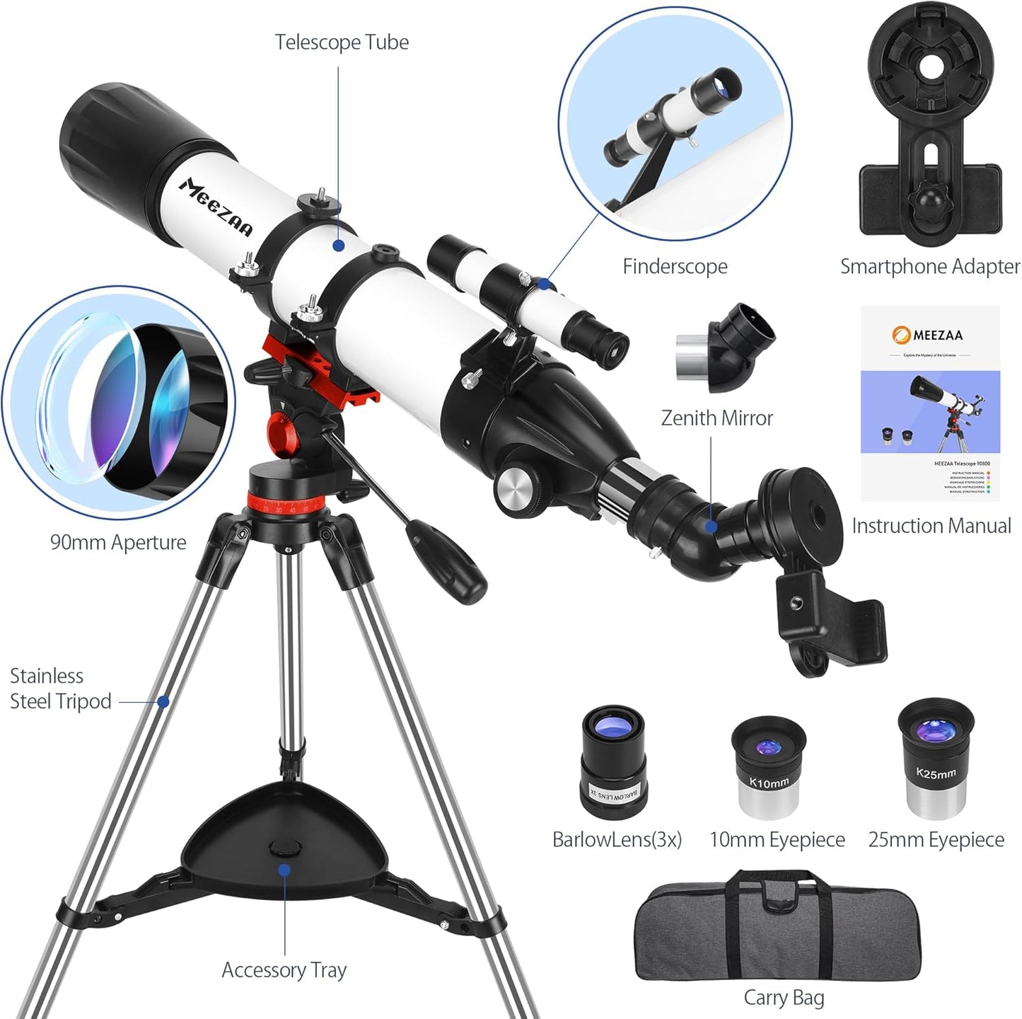 MEEZAA Telescope, Telescope for Adults High Powered Professional, 90mm Aperture 800mm Refractor Telescopes for Astronomy Beginners Fully Multi-Coated with AZ Mount Tripod & Phone Adapter & Carry Bag