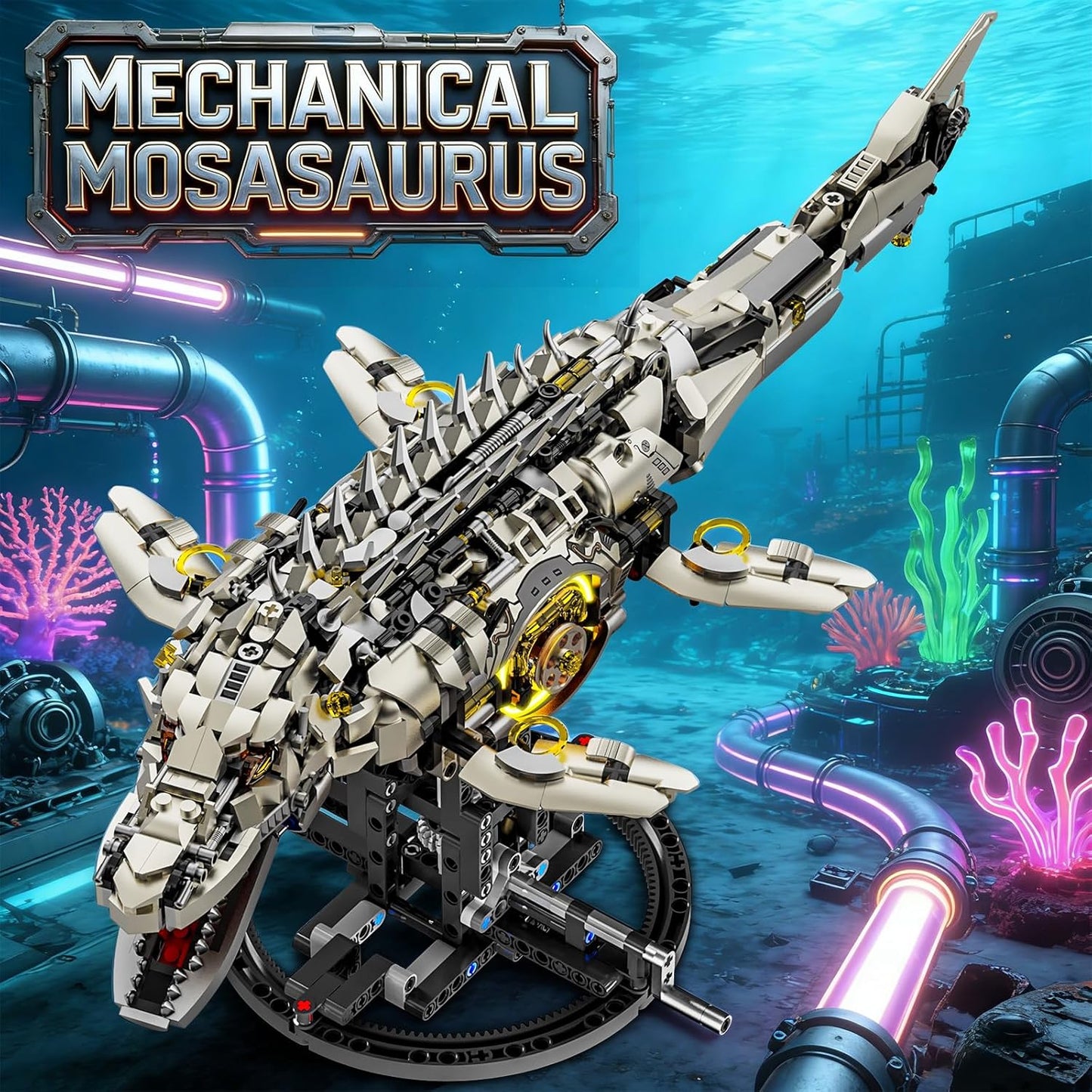 Mechanical Mosasaurus Building Block Set Precision Gear System Display Stand Included STEM Building Block