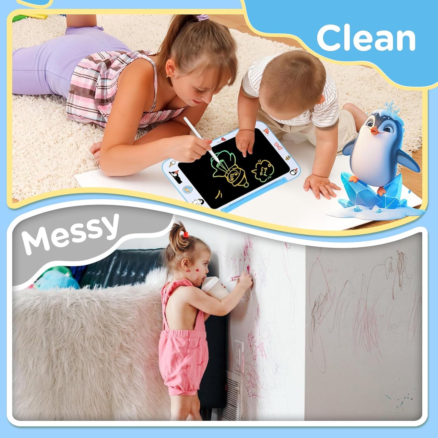 Genialba LCD Writing Tablet for Kids, Colorful Screen Drawing Board for 3-7 Year Old Boys & Girls - Educational Toys for Birthday & Christmas (Penguin)