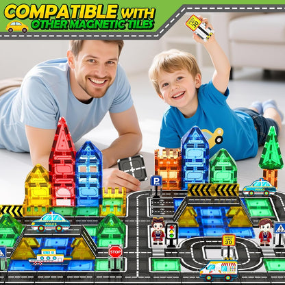 104 PCS Magnetic Tiles Road Set, STEM Construction Toys for Kids Ages 3-5 5-7 4-8, Magnet Building Blocks for Toddler Toys Games, Christmas Birthday Gifts for 3+ Year Old Boys Girls