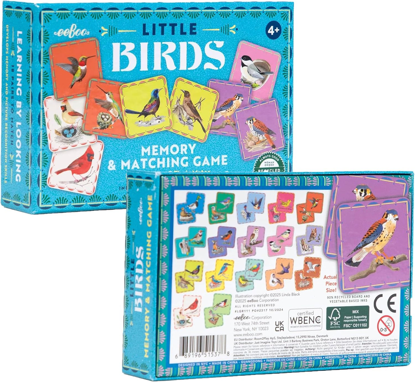 eeBoo: Memory & Matching Game- Little Birds- 18 Illustrated Matching Pairs, Concentration Tile Game, Informational Insert, Kids Ages 4+, 1-4 Players