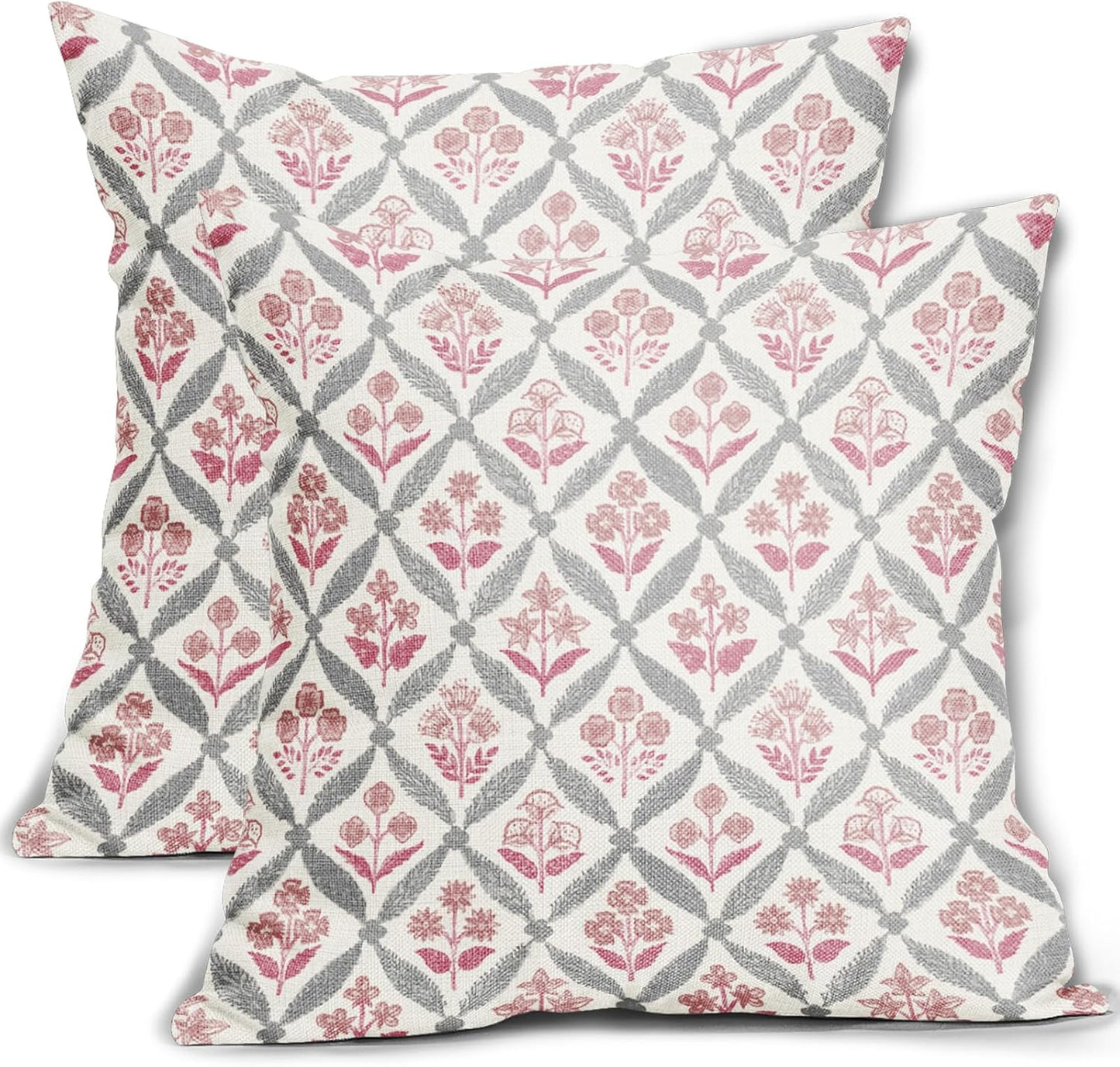 Blue Green Floral Block Print Pillow Covers 12X20 Set of 2, Flower Pattern Spring Summer Print Decorative Throw Pillow Covers Outdoor Farmhouse Seasonal Cushion Case Couch Sofa Bed Decor