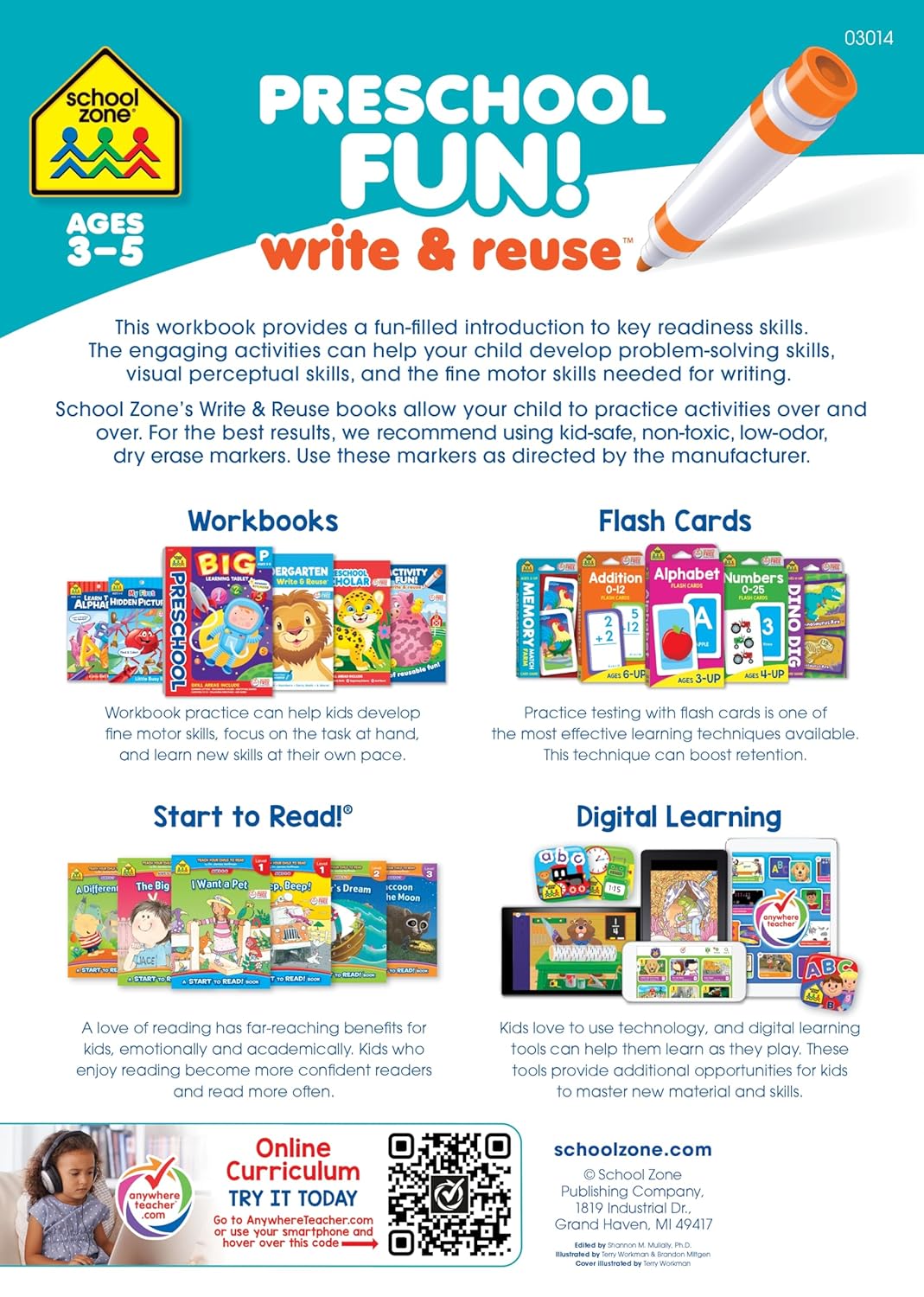 School Zone Preschool Fun! Write & Reuse Workbook: 26 Wipe-Clean Pages, Write-On Learning, Tracing, Numbers, Alphabet, Colors, Shapes, Matching, Ages 3 to 5