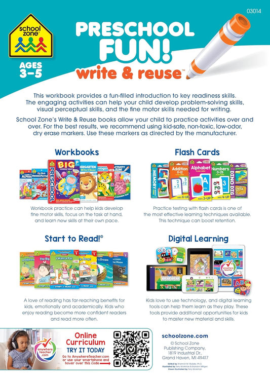 School Zone Preschool Fun! Write & Reuse Workbook: 26 Wipe-Clean Pages, Write-On Learning, Tracing, Numbers, Alphabet, Colors, Shapes, Matching, Ages 3 to 5