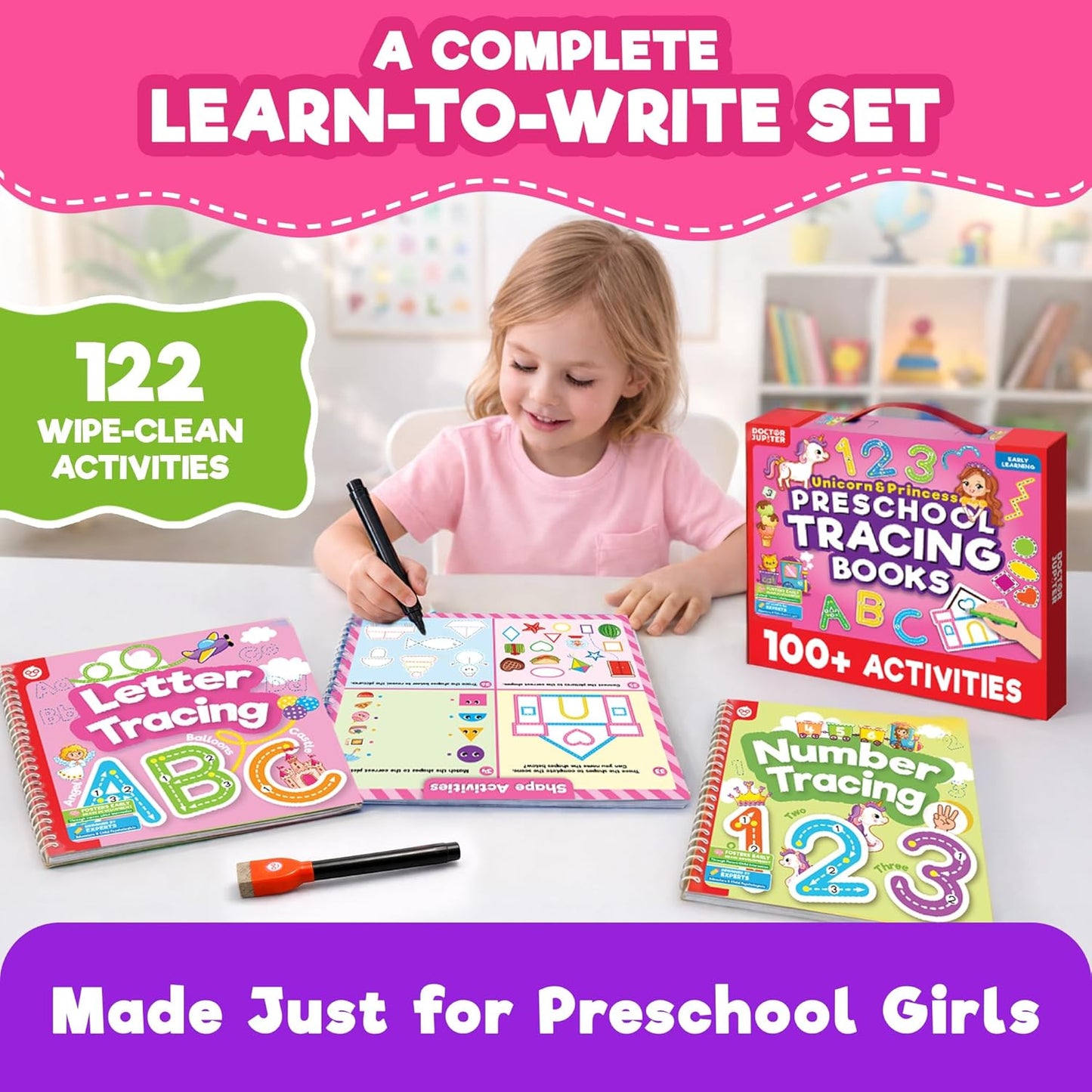Doctor Jupiter Preschool Tracing Books for Kids Ages 3-5 | 100+ Wipe-Clean Learning Activities - Kindergarten Workbook with Lines, Shapes, Letters & Numbers | Educational Toys, Writing Practice