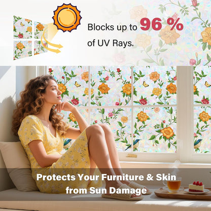 Donox Window Privacy Film Static Cling, Decorative Stained Glass Style Tint, Lotus Pattern with Rainbow Effect for Home and Office, UV Blocking No Glue Removable, 17.5 x 157.4 inches
