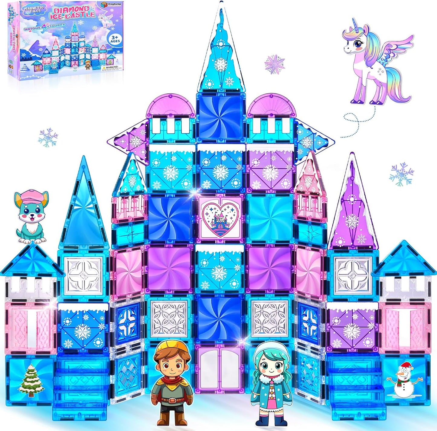 Diamond Magnetic Tiles Unicorns Princess Castle with Magnetic Art Decor Kit, Unicorn Toys for Girl 3 4-6-8, Magnet Tiles for kids 4-8 5 6 7+ Girl Gifts,Magnet Toys Include 5 Dolls,Rainbow,Candy,Decors