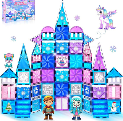 Diamond Magnetic Tiles Unicorns Princess Castle with Magnetic Art Decor Kit, Unicorn Toys for Girl 3 4-6-8, Magnet Tiles for kids 4-8 5 6 7+ Girl Gifts,Magnet Toys Include 5 Dolls,Rainbow,Candy,Decors