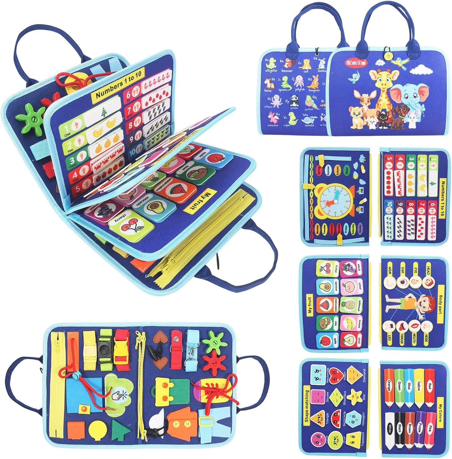 URBAN TOYS Montessori Busy Board - Ideal Busy Book Toddler Toys & Gifts for Boys & Girls, Toddler Travel Essential for Airplane & Car, Sensory Toys, Great for Baby Gifts for Boys