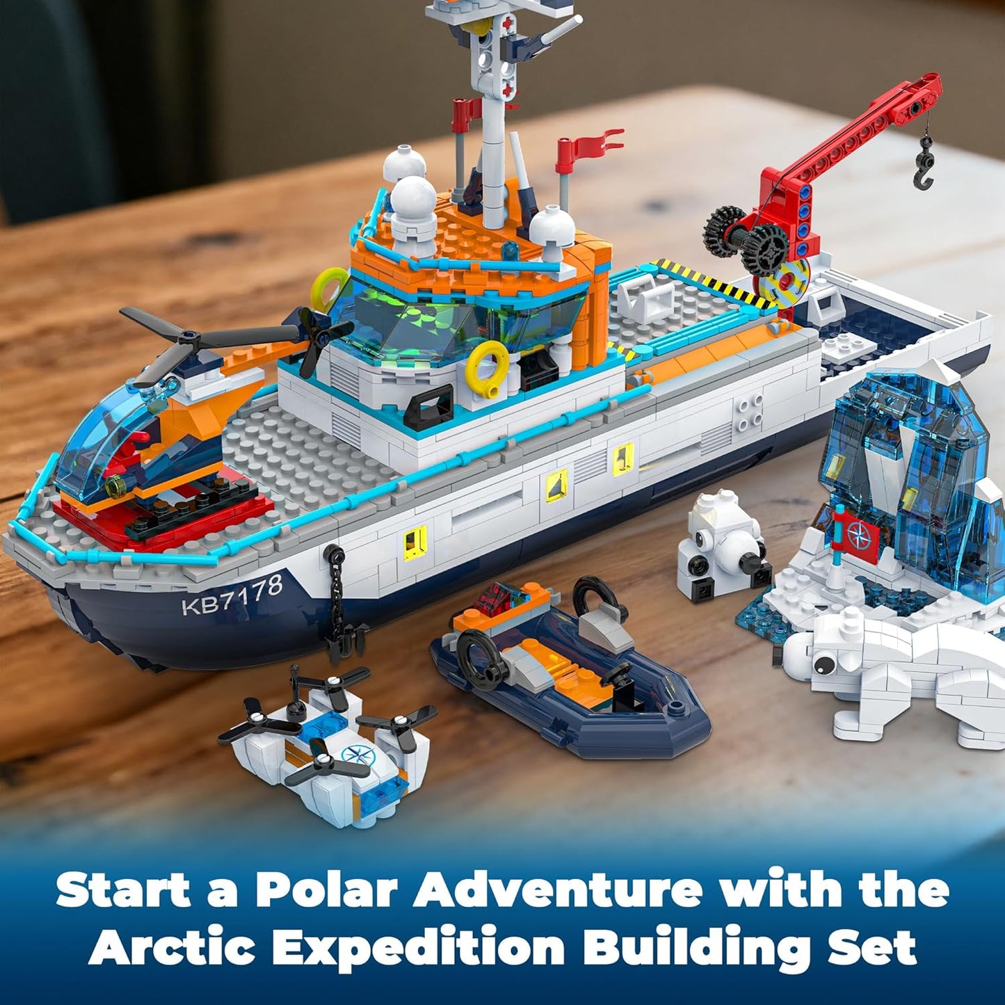 City Boat Building Set with LED Lights, Arctic Explorer Ship Toy Gift for 8 Year Old Boys and Girls, with Helicopter, Drone, Speedboat, Submersible, Iceberg, and Polar Bears