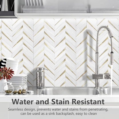 STICKGOO 10-Sheet Herringbone Tile Peel and Stick Backsplash, Beige Mixed Metal Gold PVC Stick on Backsplash, Self Adhesive Wall Tile for Kitchen and Bathroom