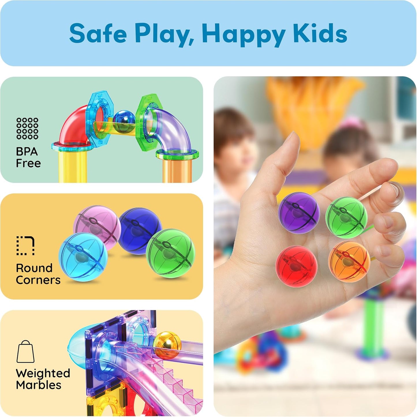 PicassoTiles 50pcs Magnetic Tiles Marble Run for Kids Race Track Toy Marble Maze Sensory Toys for Toddlers STEM Educational Set Magnet Building Blocks Construction Building Tiles Boys Girls 3+ PTG50